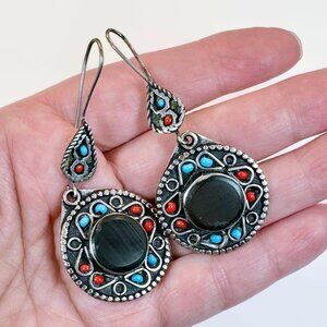 Black Earrings, Agate Aqeeq Stone, Afghan, Middle Eastern, Boho, Kuchi, Vintage